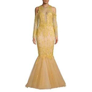 New! MANDALAY Women's Embroidered Sequined Cold-Shoulder Mermaid Gown Gold 12